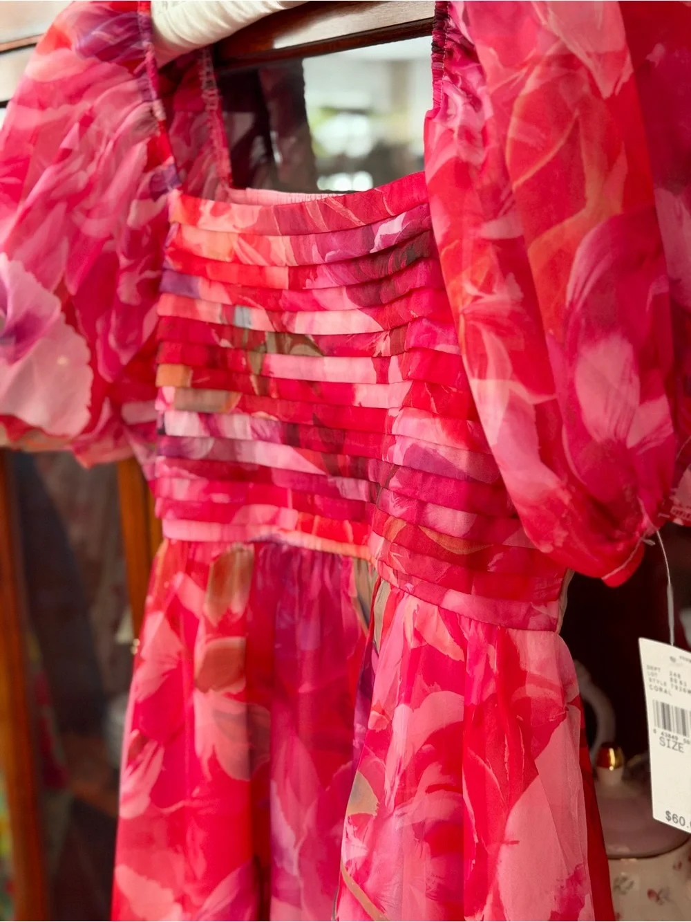 New Girls Dress Red & Pink Floral Puff-Sleeve Size 12
